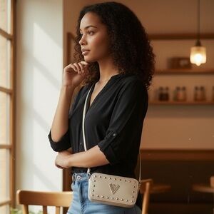 Valentino Orlandi Crossbody Camera Bag Patent Leather Taupe & Gold Studded NWT